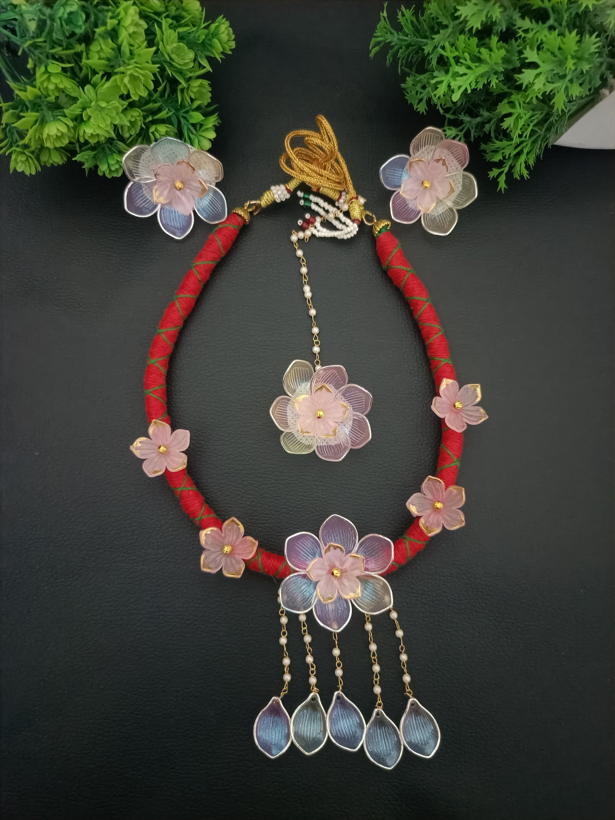 Blossom Royale Handmade Floral Necklace Set with Maang Tikka