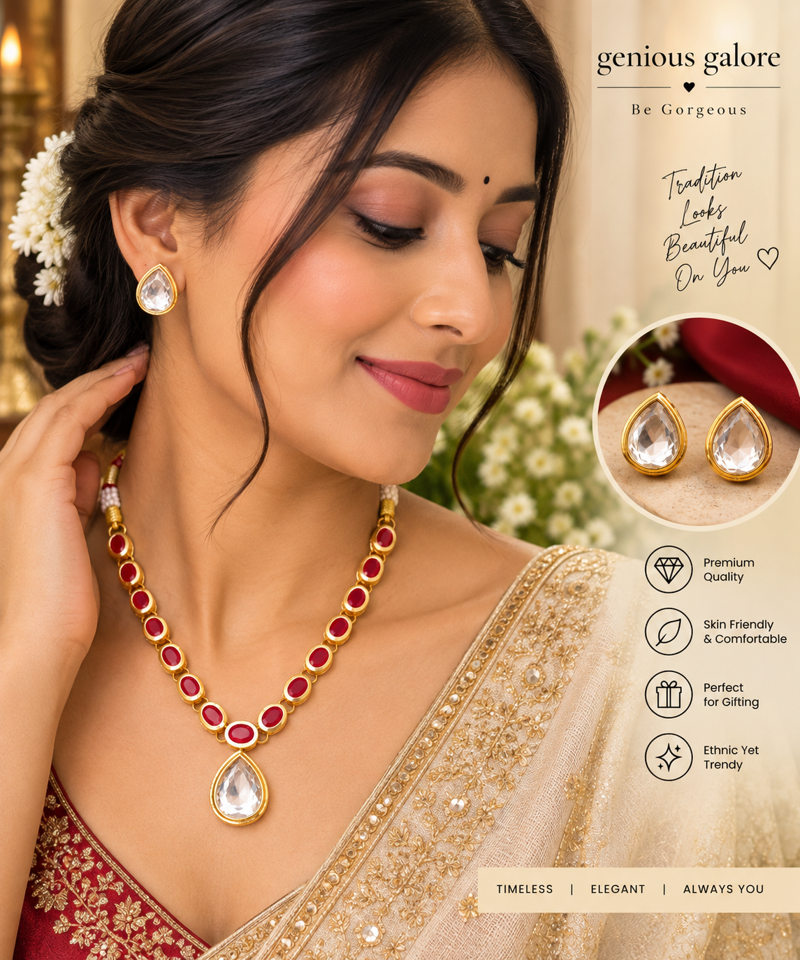 Red Kundan Teardrop Necklace Set