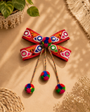 **Handmade Mirror Work Pom-Pom Bow Hair Clip**