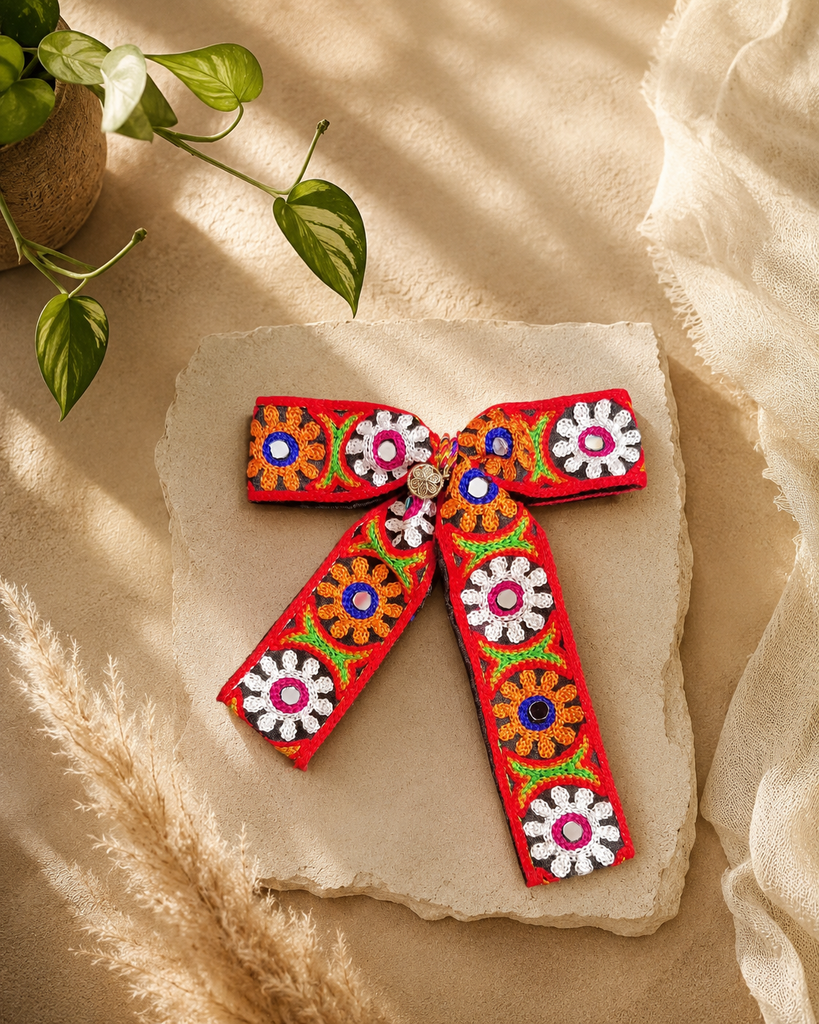 **Handmade Mirror Work Embroidered Bow Hair Clip**