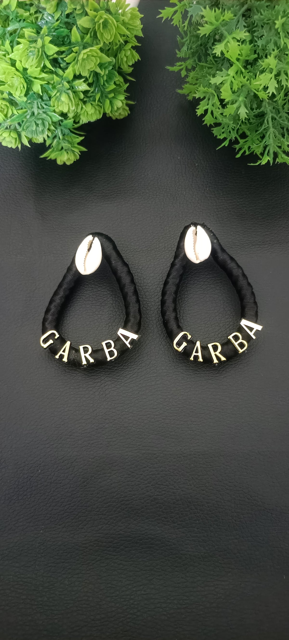 Handmade Black Garba Earrings with Cowrie Shell & Gold Letter Charms