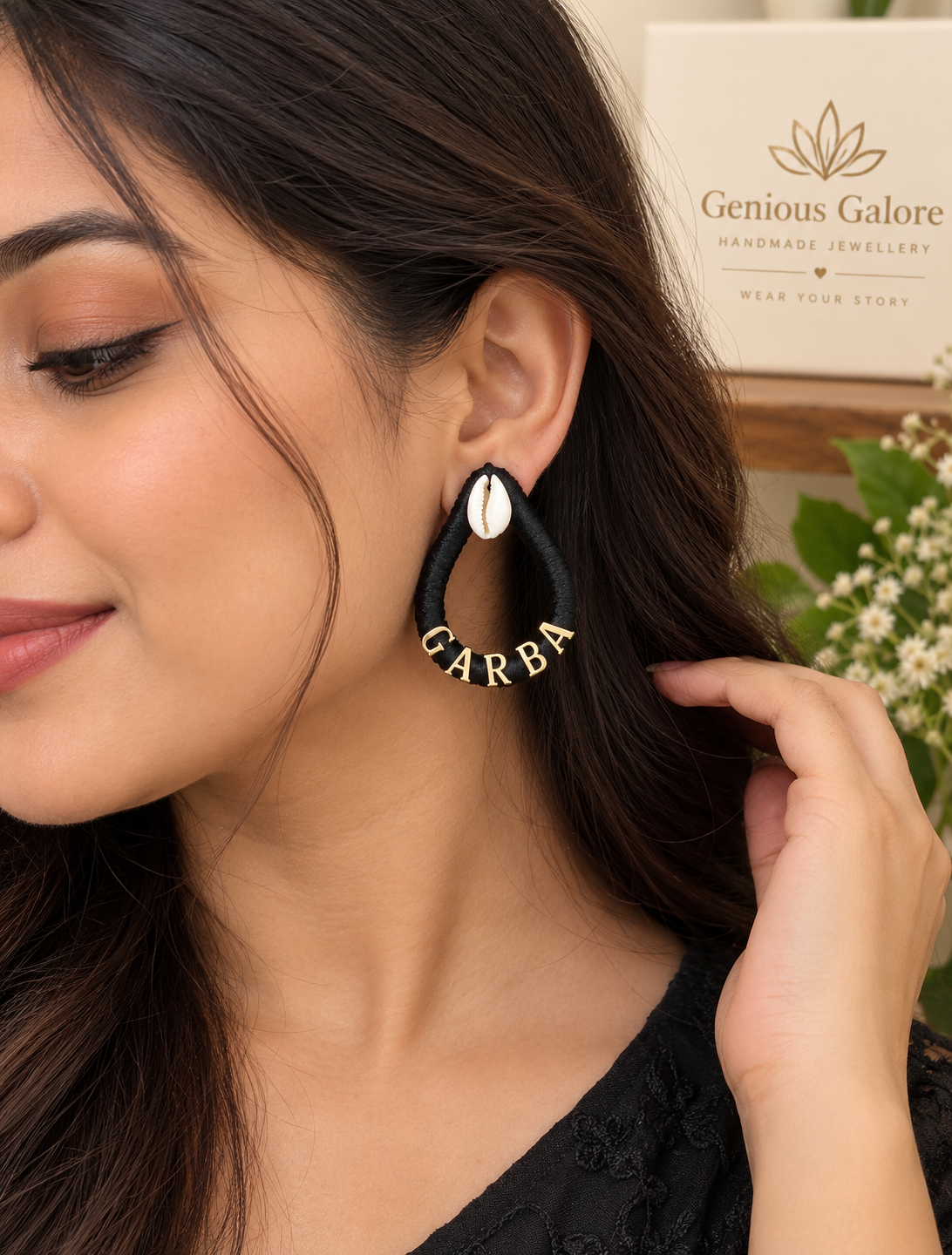 Handmade Black Garba Earrings with Cowrie Shell & Gold Letter Charms