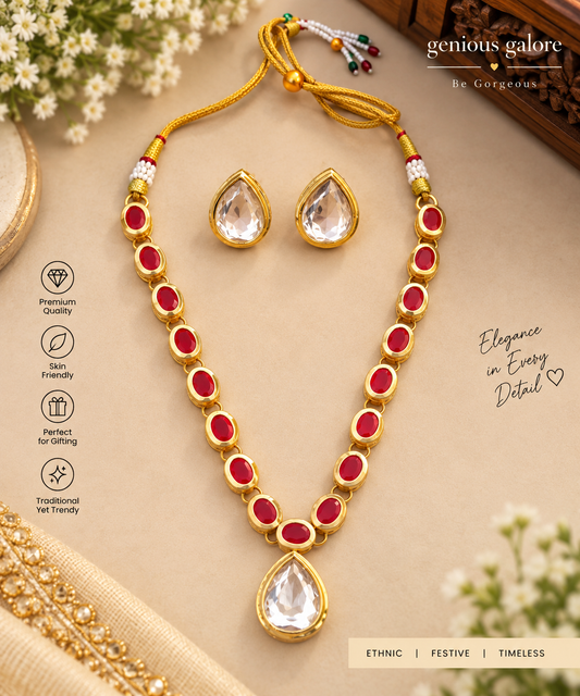 Red Kundan Teardrop Necklace Set