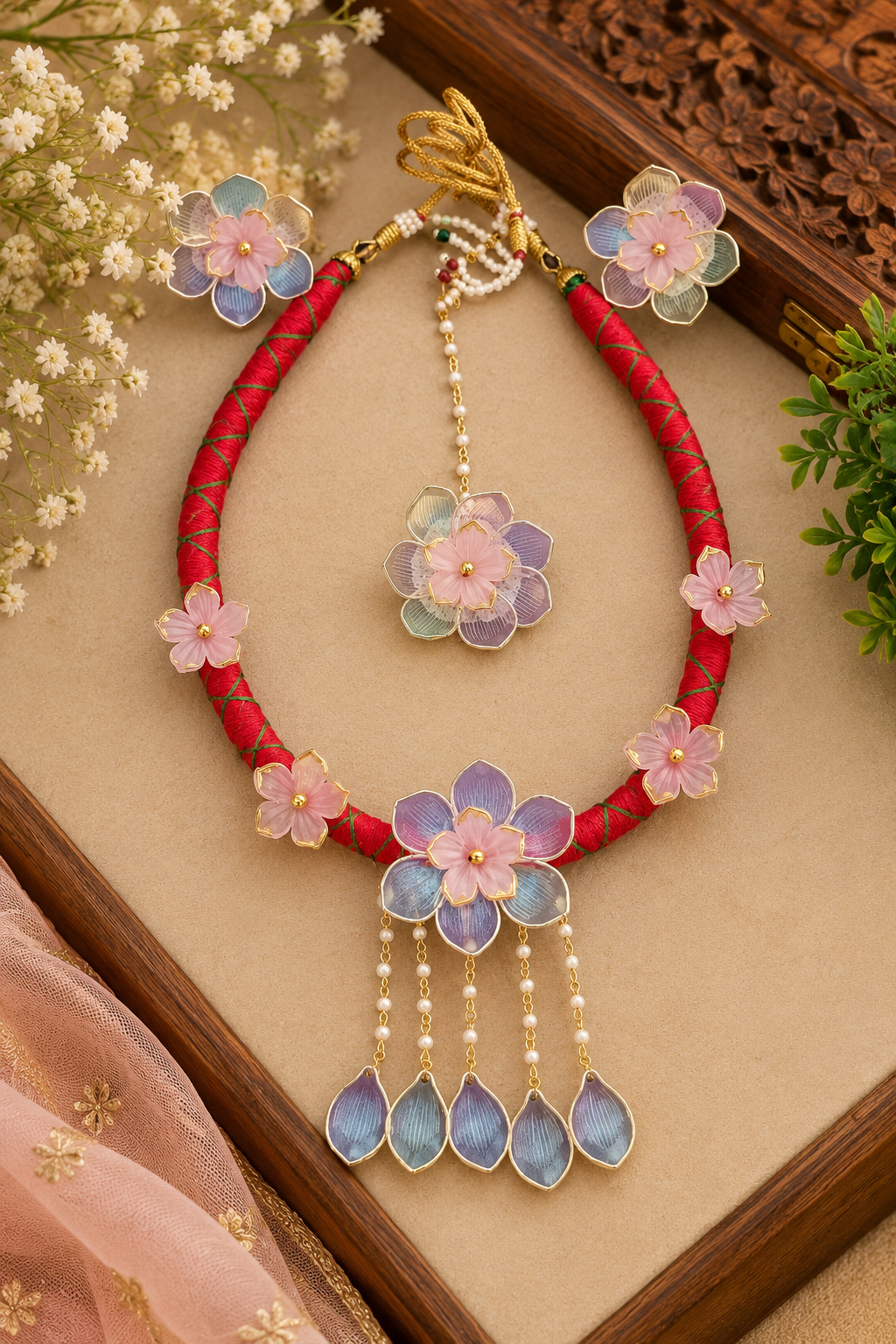Blossom Royale Handmade Floral Necklace Set with Maang Tikka