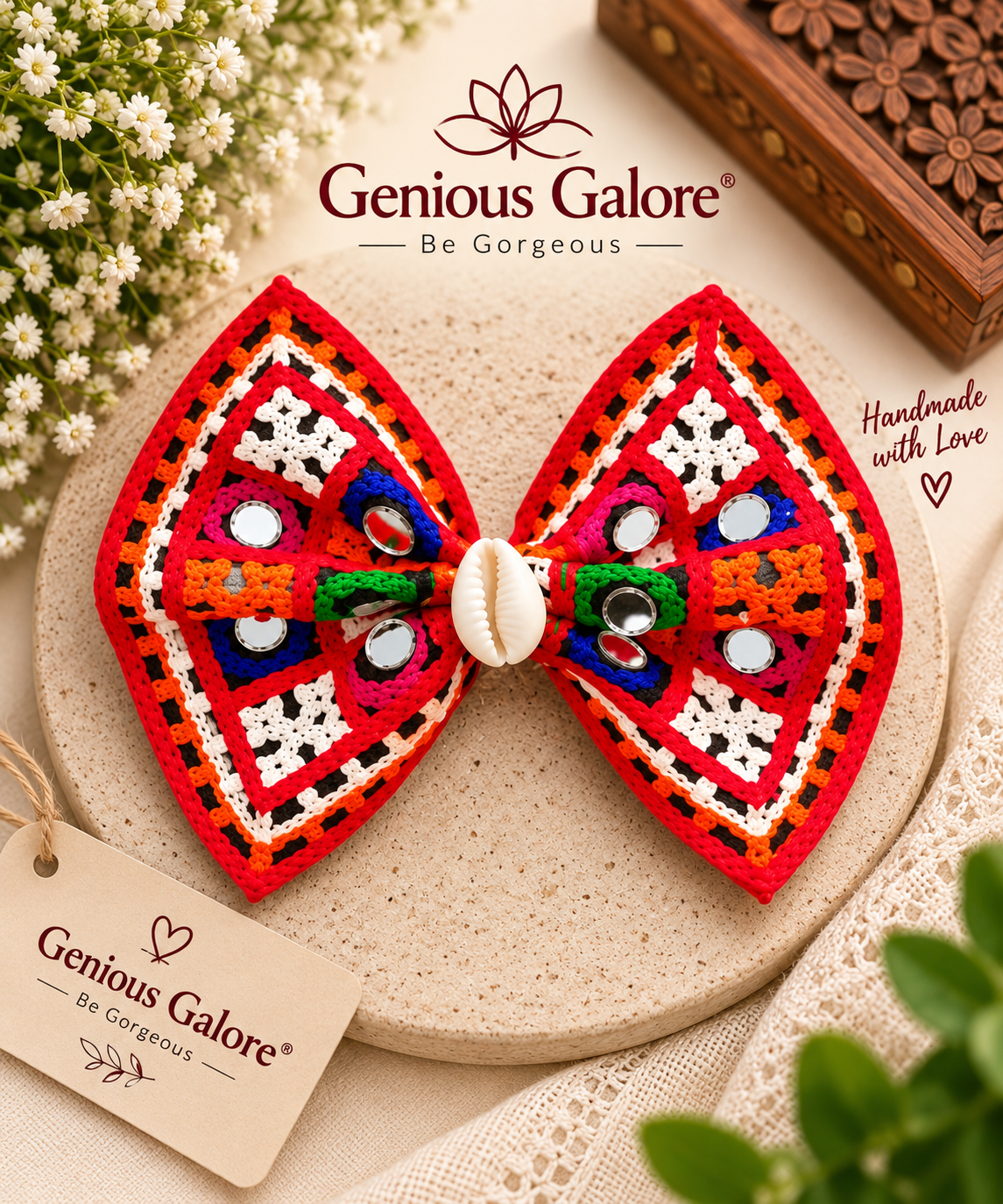 Handmade Embroidered Mirror Work Hair Bow Clip – Navratri Collection