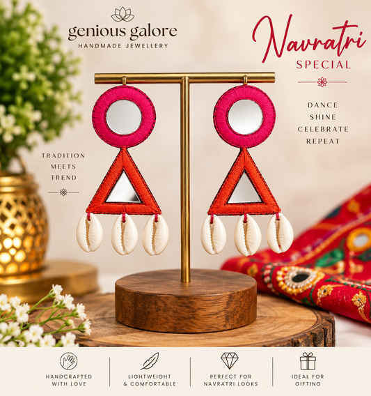 Handcrafted Mirrorwork & Cowrie Shell Earrings – Navratri Special