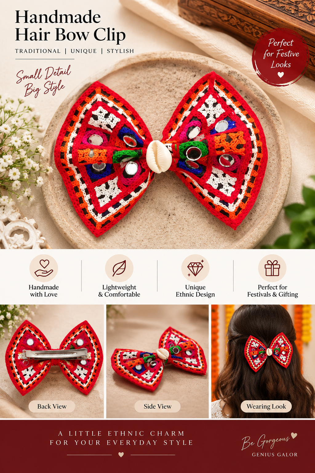 Handmade Embroidered Mirror Work Hair Bow Clip – Navratri Collection