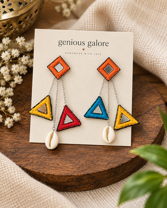Boho Tribal Triangle Cowrie Shell Statement Earrings