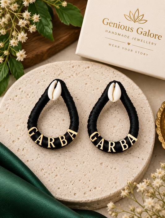 Handmade Black Garba Earrings with Cowrie Shell & Gold Letter Charms