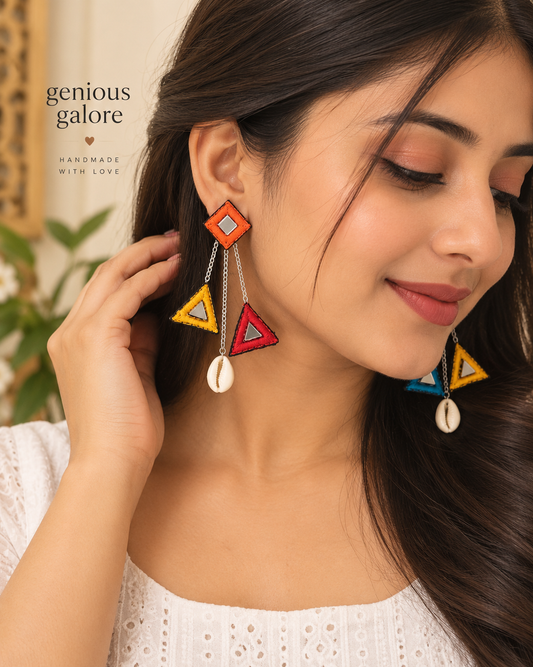 Boho Tribal Triangle Cowrie Shell Statement Earrings