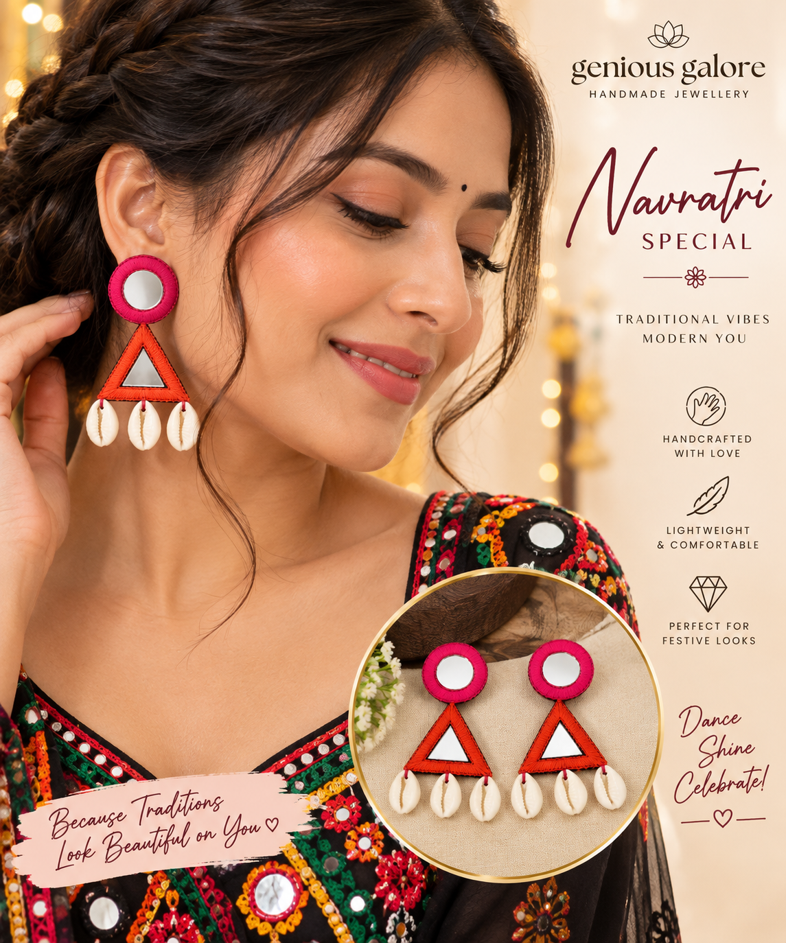 Handcrafted Mirrorwork & Cowrie Shell Earrings – Navratri Special